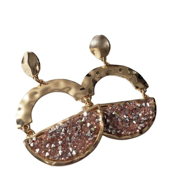 Women Gold Peach Faceted Half Circle Dangle Drop Post Back Party Casual Earrings - Picture 4 of 6